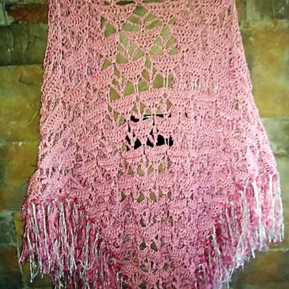 Hand Crocheted Shawl, Boho Inspired with Fringe, Dusty Rose,Rose & Silver Fringe - Picture 2 of 2